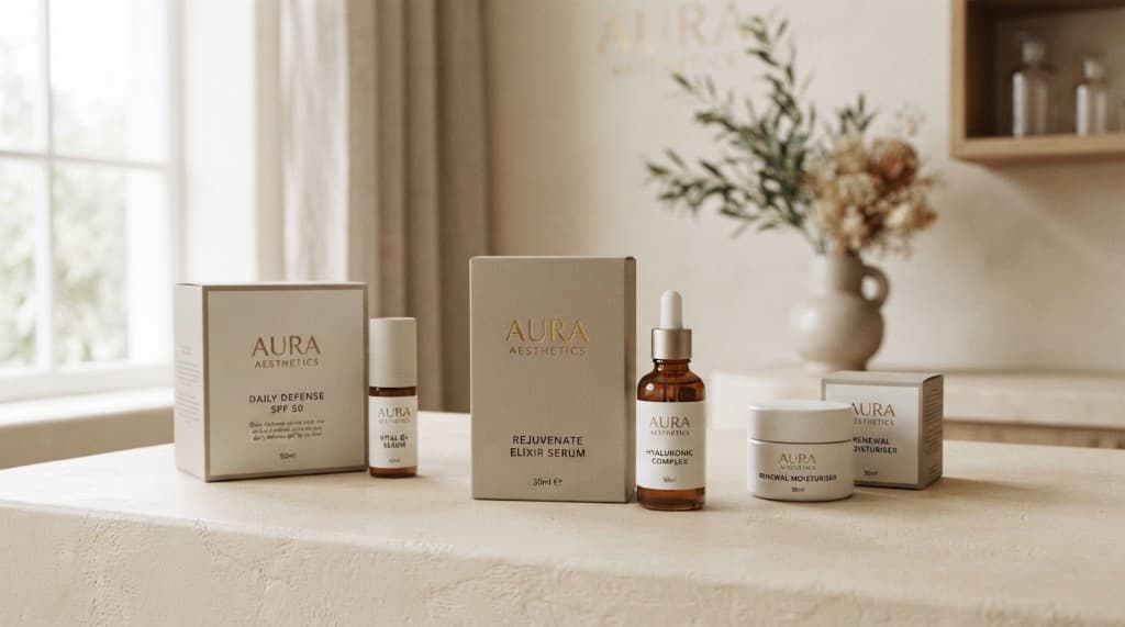 AURA AESTHETICS skincare products arranged on a stone surface in natural light